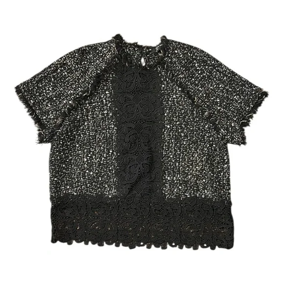 Zara Tweed & Lace Textured Short Sleeve Raw Hem Top Black Size Small - Picture 4 of 12